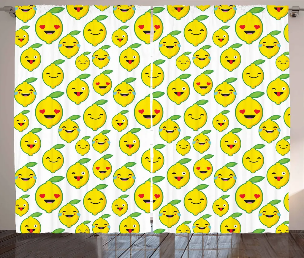 ABAKUHAUS Tenda rustica con motivo limoni, emoticon limoni cartoon, tenda universale per soggiorno con passanti e ganci, 280 x 175 cm, verde lime e giallo