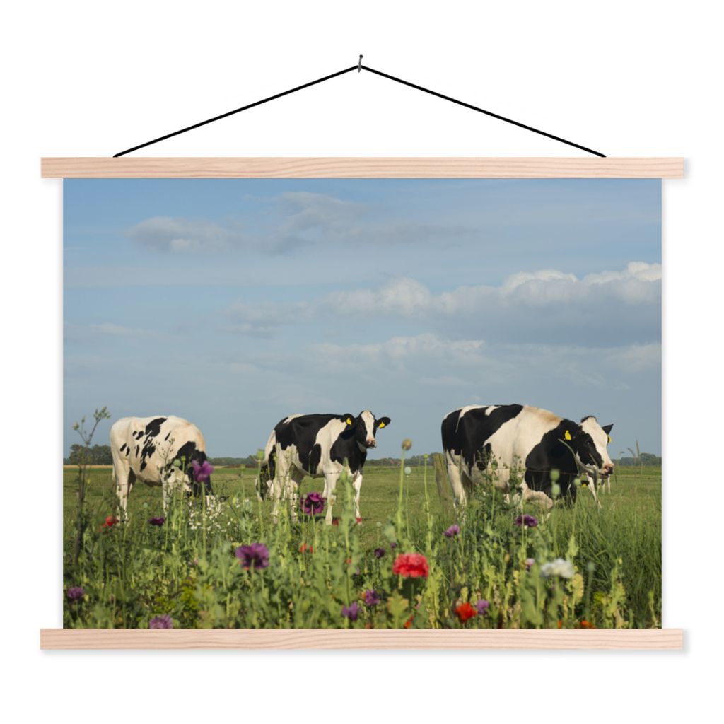 MuchoWow Textilposter Kuh - Blumen - Gras - Tiere 150x113 cm mit holzfarbenen Rahmen - Poster
