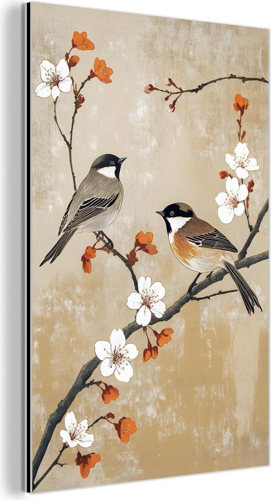 MuchoWow Wanddekoration Metall Metallbild Wandkunst 100x150 cm Vögel - Blütenzweig - Orange MuchoWow Aluminium Gemälde - Bild