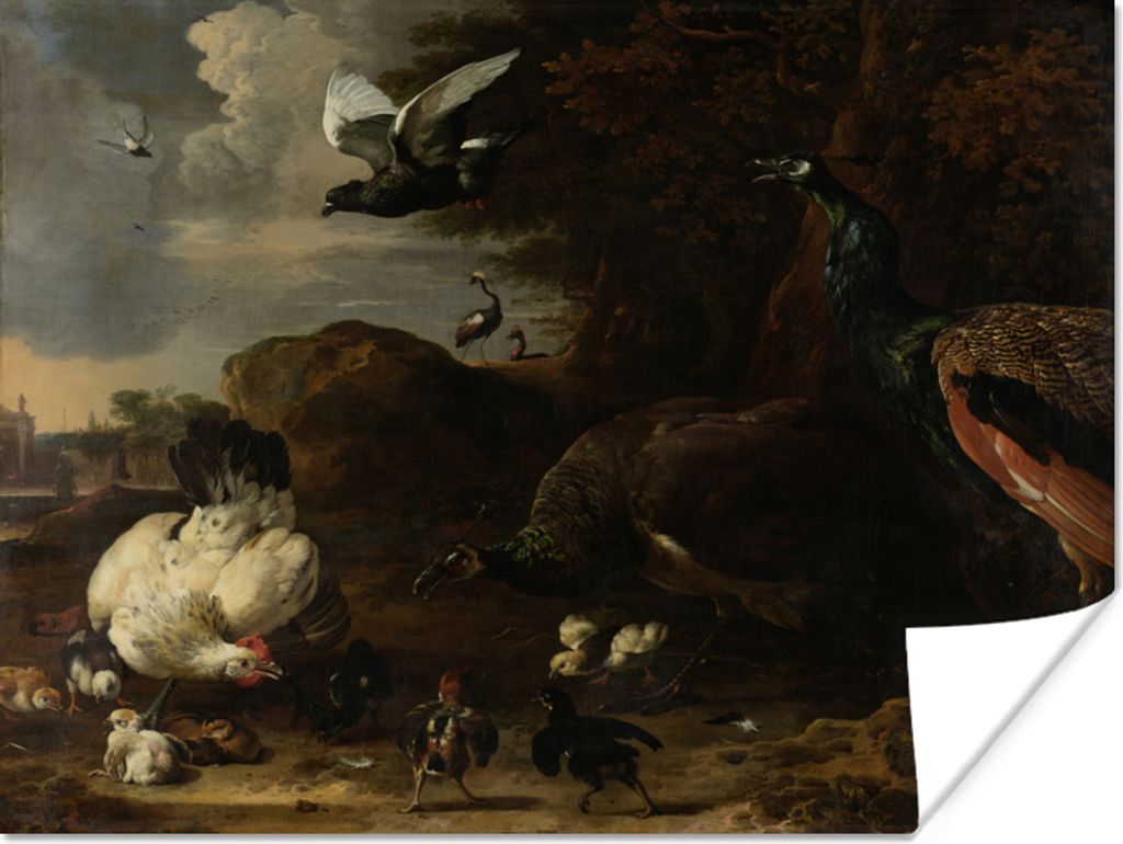 MuchoWow Poster Eine Henne mit Küken, bedroht von zwei Pfauen - Gemälde von Melchior d'Hondecoeter 40x30 cm - Plakate für die Wände - Poster ...