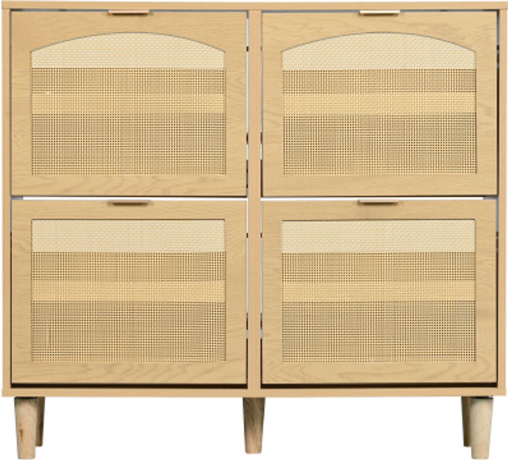Schuhschrank Helle Eiche 100x25x90cm 4 Klappen Rattanoptik Holz Schuhkommode Metallgriffen Landhausstil Schlafzimmer Vitrinenschrank Schuhregal