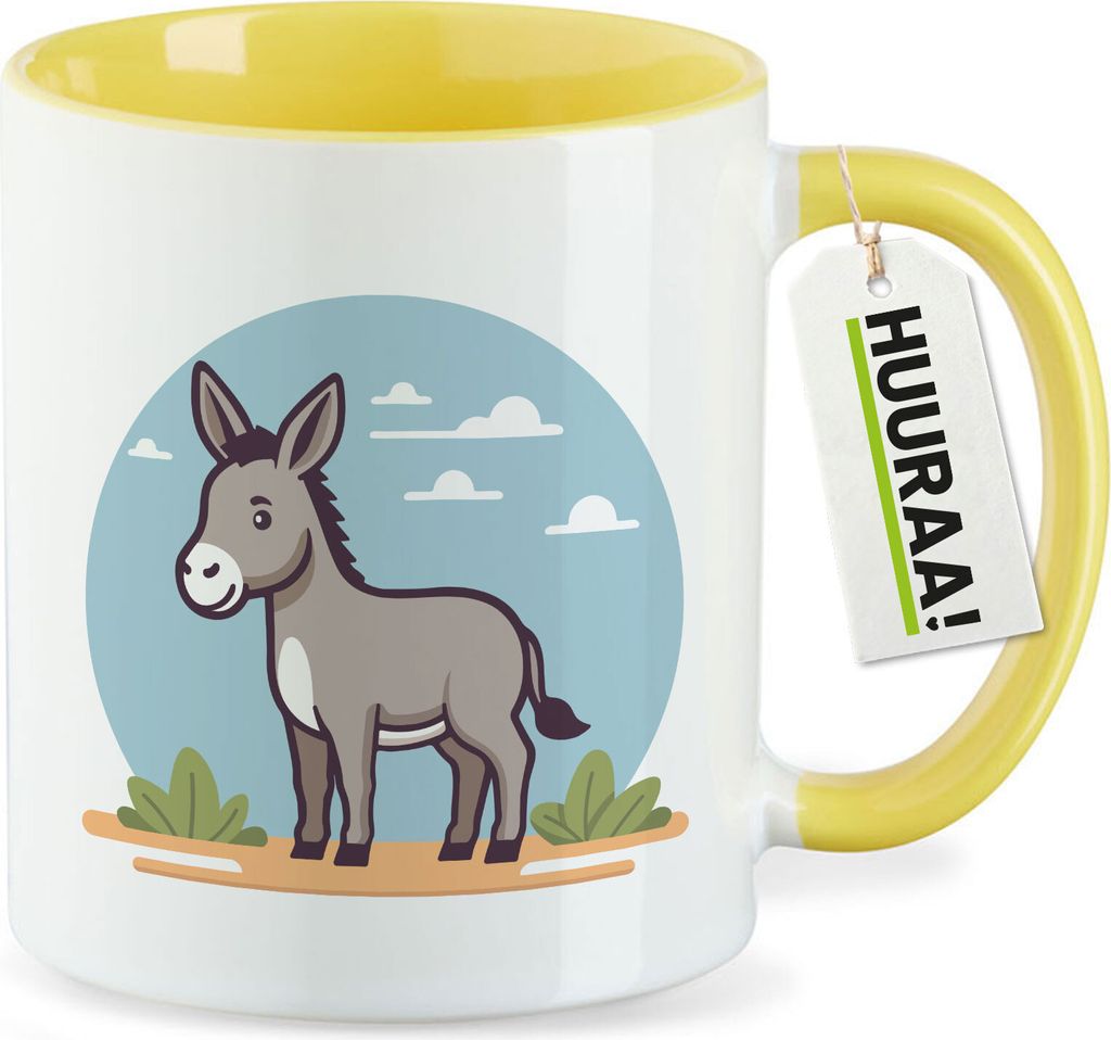 Huuraa Kaffeetasse süßer Esel Comic 330ml Gelb Keramik Kaffeebecher Geschenkidee