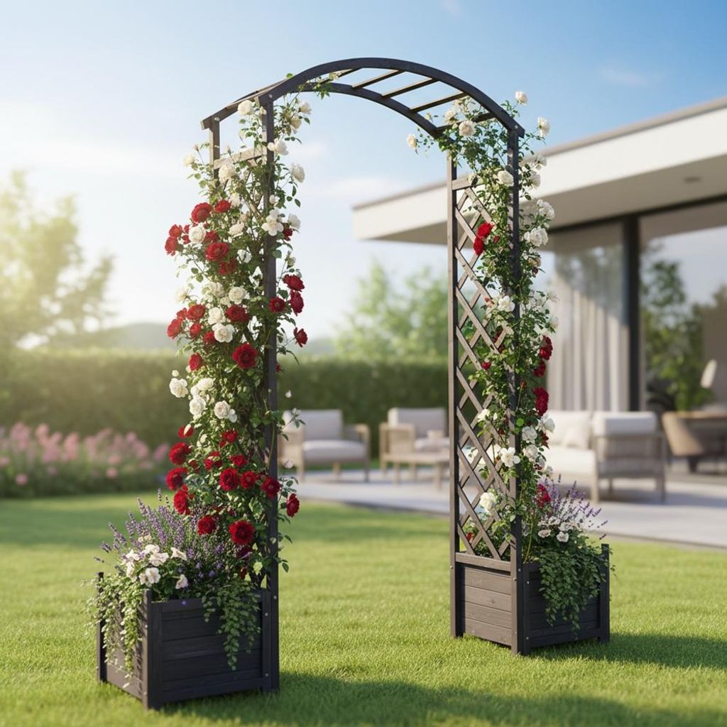 Mucola Spalier mit Pflanzkasten Rankgitter Rosenbogen Rankhilfe Blumenkübel Rosensäule Torbogen Holz Pergola Rankgestell - Schwarz