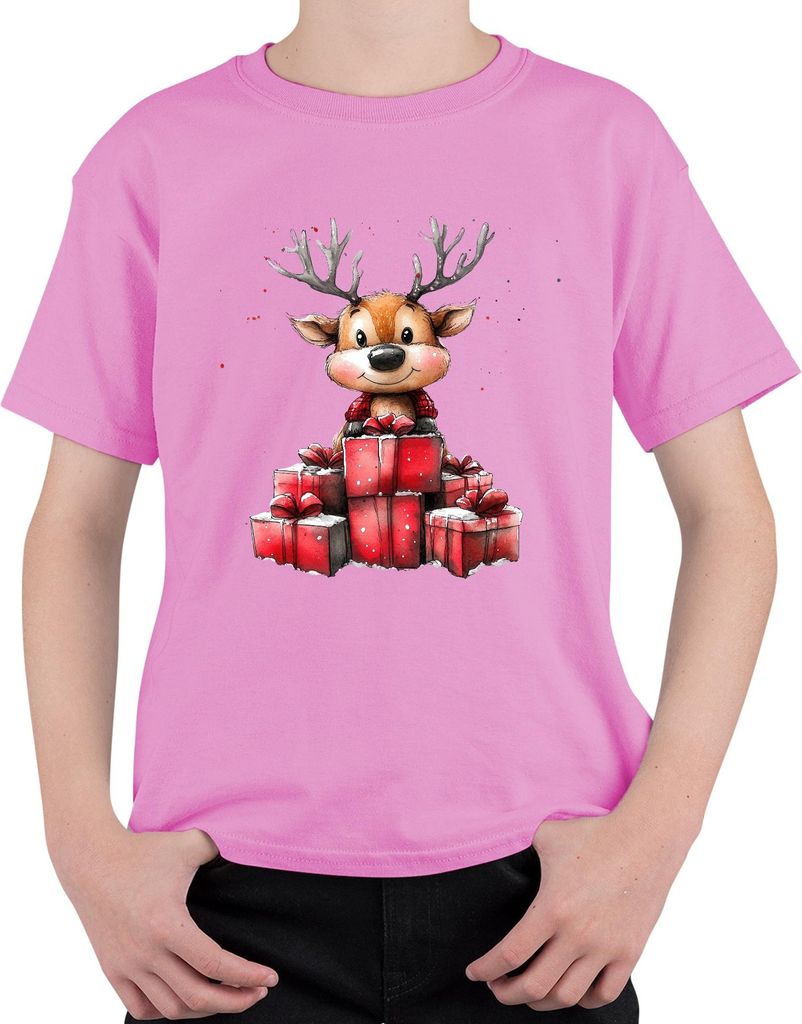 Weihnachten Rentier mit Geschenken niedlich Aquarell Kinder Uni Kinder T-Shirt, Pink, 128
