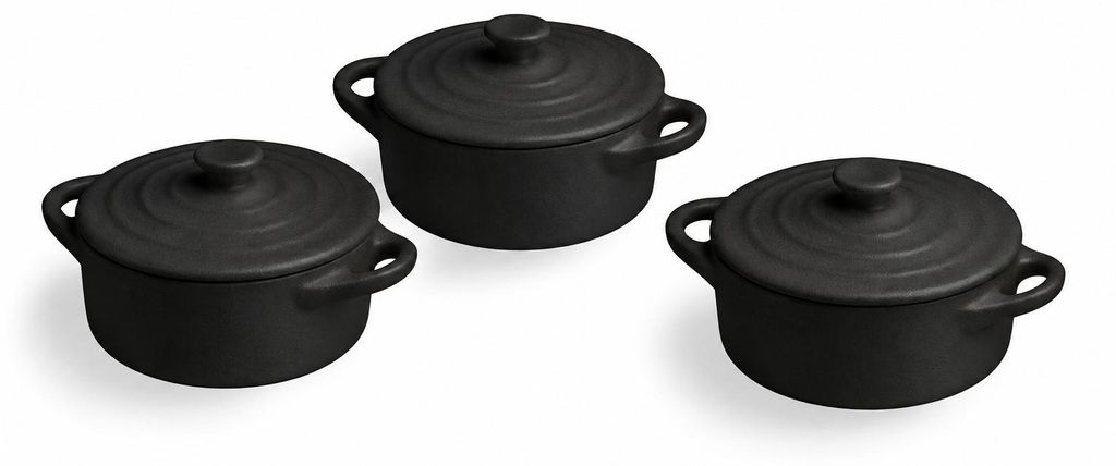 3er Set Mini Kasserolle Cocotte Porzellan Schwarz je 75ml Produktbild 