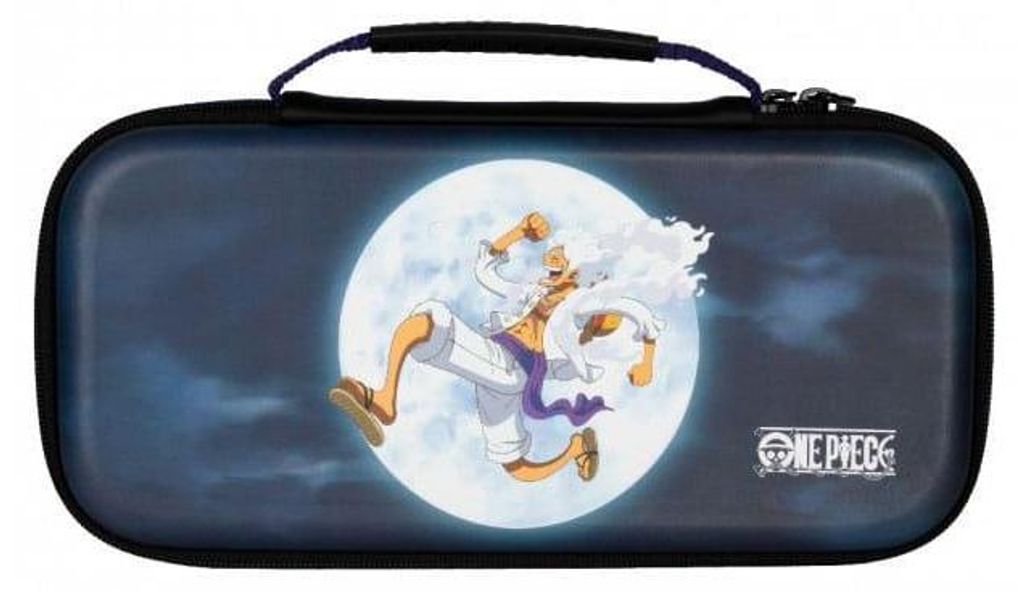 A dark blue carrying case with a graphic of a character from One Piece in front of a large moon.
