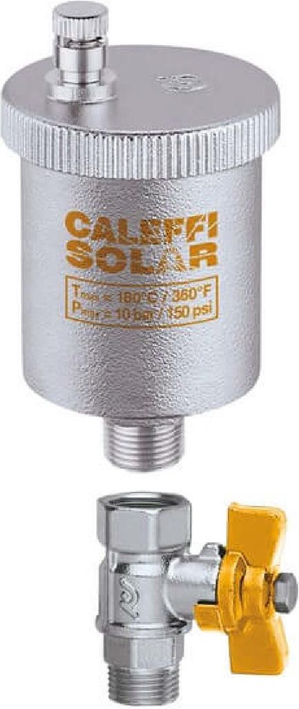 A close-up studio shot of a Caleffi automatic air vent and a ball valve.
