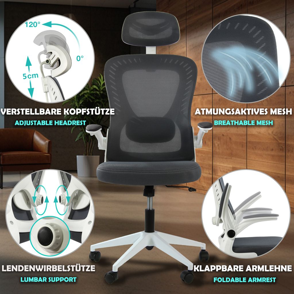 Sesto Senso Bürostuhl Ergonomisch mit Lendenwirbelstütze und klappbaren Armlehnen Chefsessel Verstellbarer Kopfstütze D-1 Grey