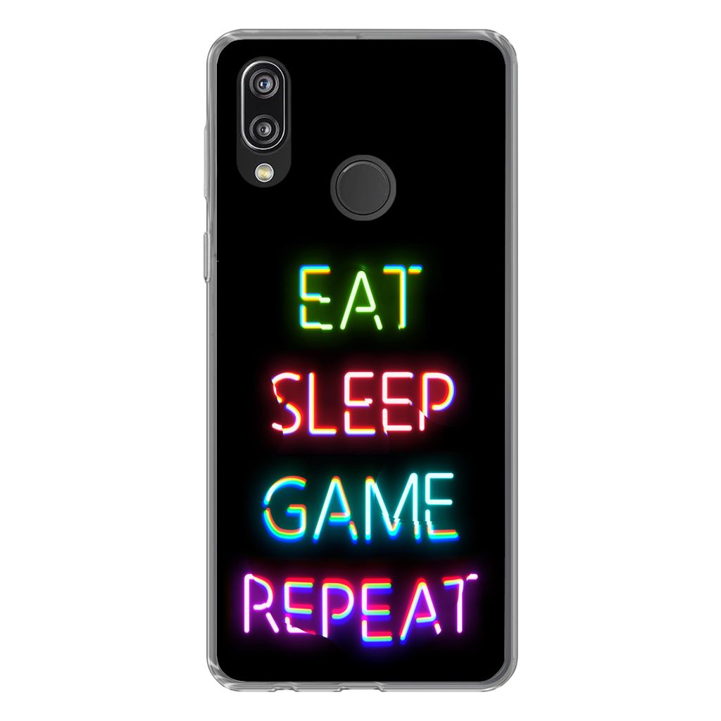 MuchoWow Handyhülle Schutzhülle Hülle für Huawei P20 Lite (2020) Gaming - Led - Zitat - Eat sleep game repeat - Gaming Silikon Softcase Handy...