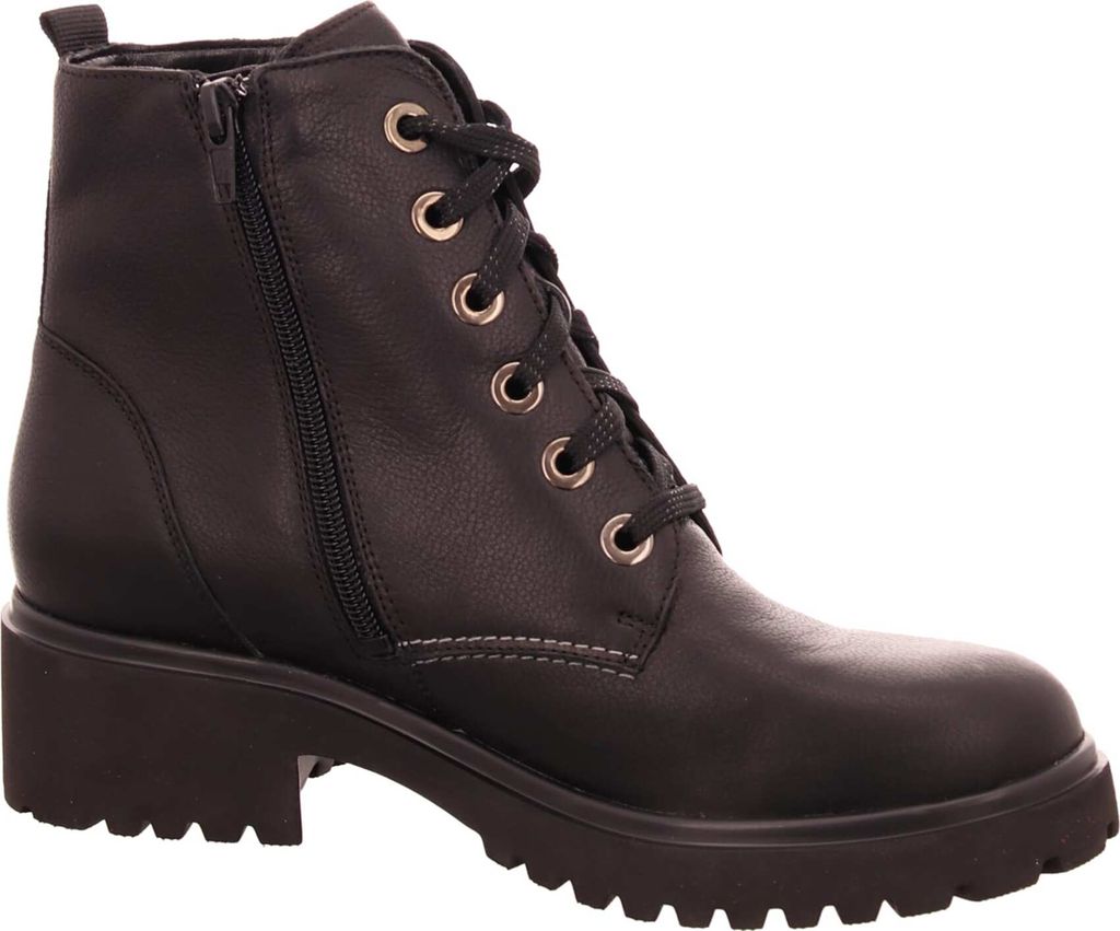 A black leather boot on a white background.