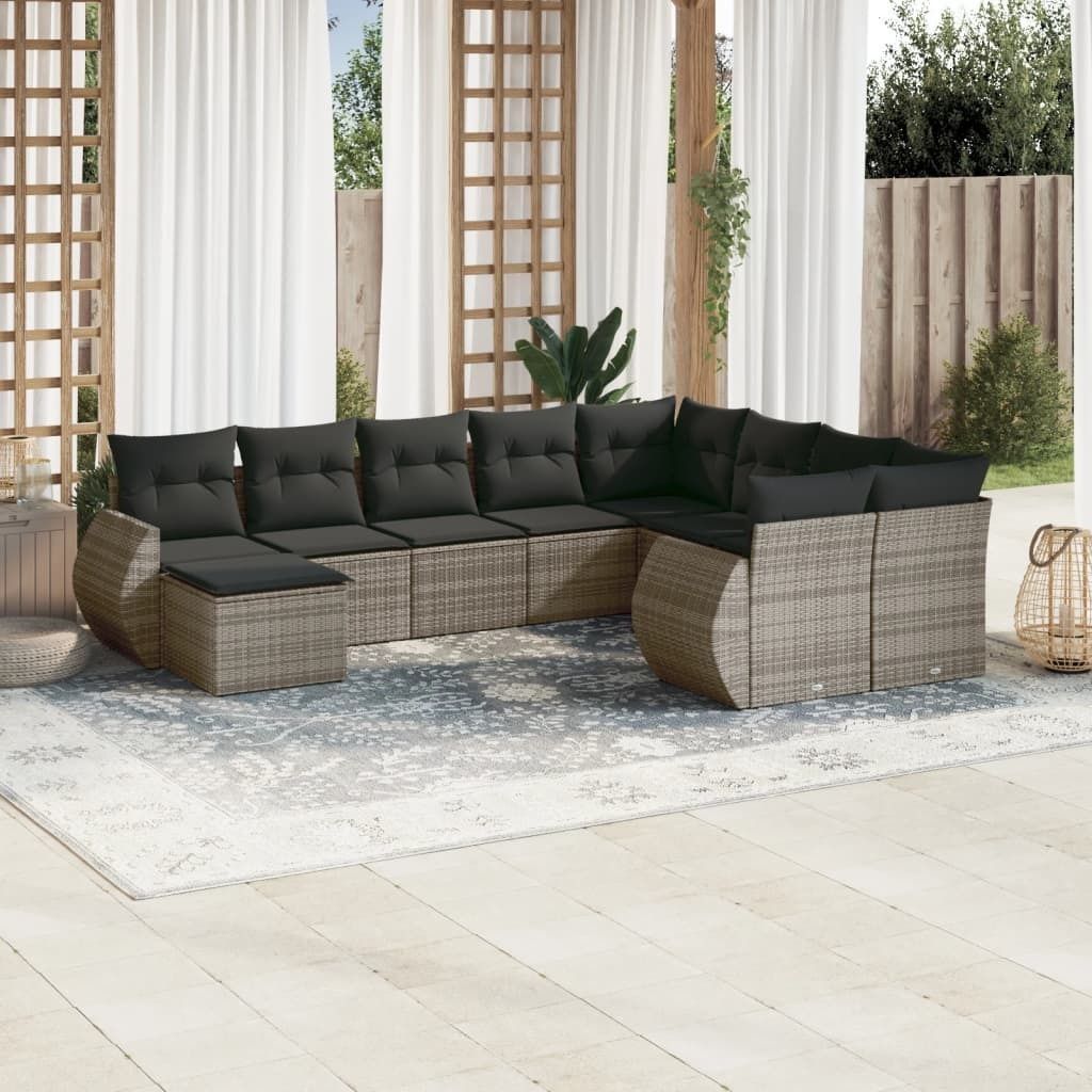 10-tlg. Garten-Sofagarnitur mit Kissen Grau Poly Rattan Produktbild 