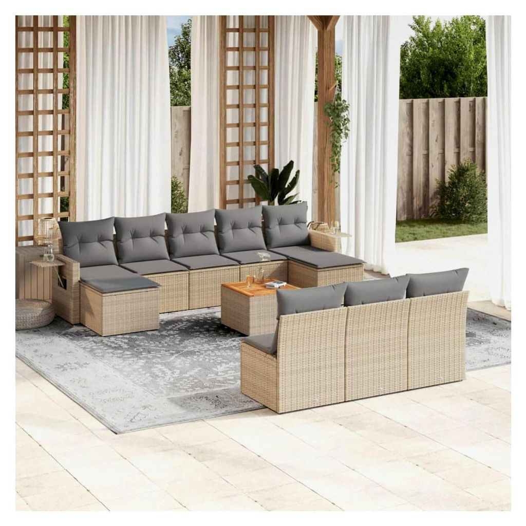 Gartenmöbel-Set mit Kissen, Beige, 11-teilig, PE-Rattan, Outdoor-Möbel-Set