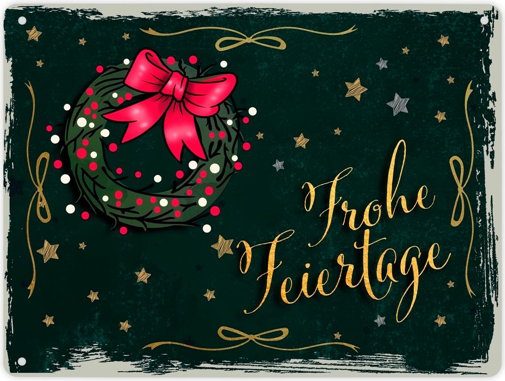 Frohe Feiertage Metallschild XL in 21x28 cm mit weihnachtlichem Kranz