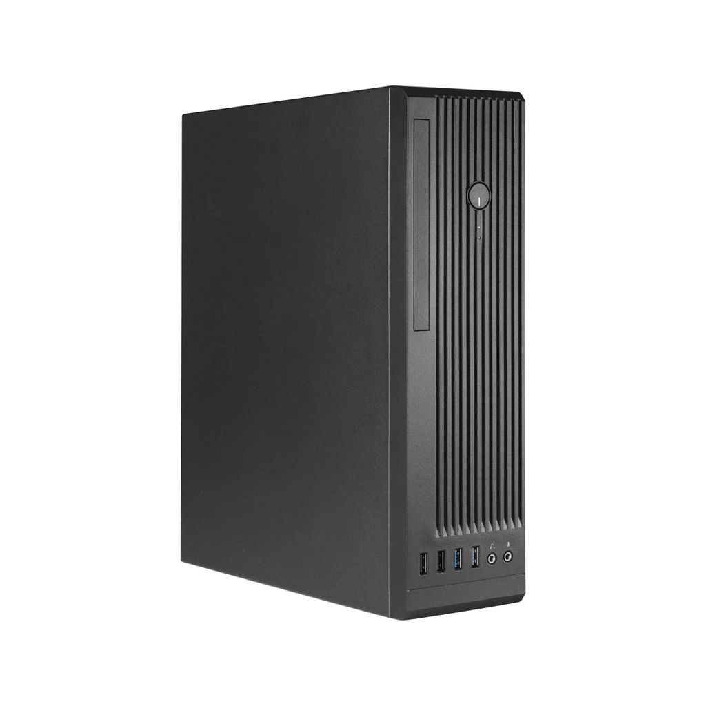 A black computer tower is shown against a white background.