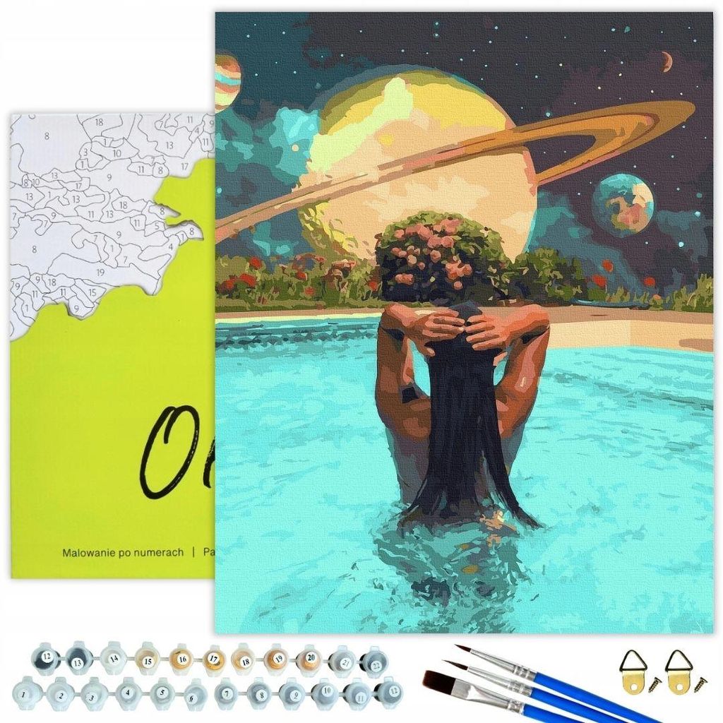 Oh Art! Malen nach Zahlen Erwachsene 40x50 cm – Frau im Pool mit Saturn – DIY Set: Leinwand mit Rahmen, 30 Acrylfarben, 3 Pinseln und Zubehör