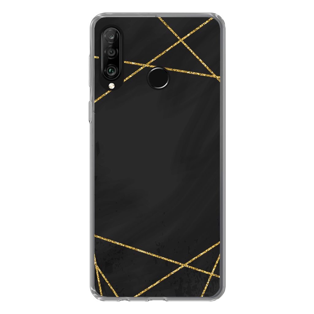 MuchoWow Handyhülle Schutzhülle Hülle für Huawei P30 Lite Geometrisches Muster aus goldenen Linien auf schwarzem Hintergrund Silikon Softcase...