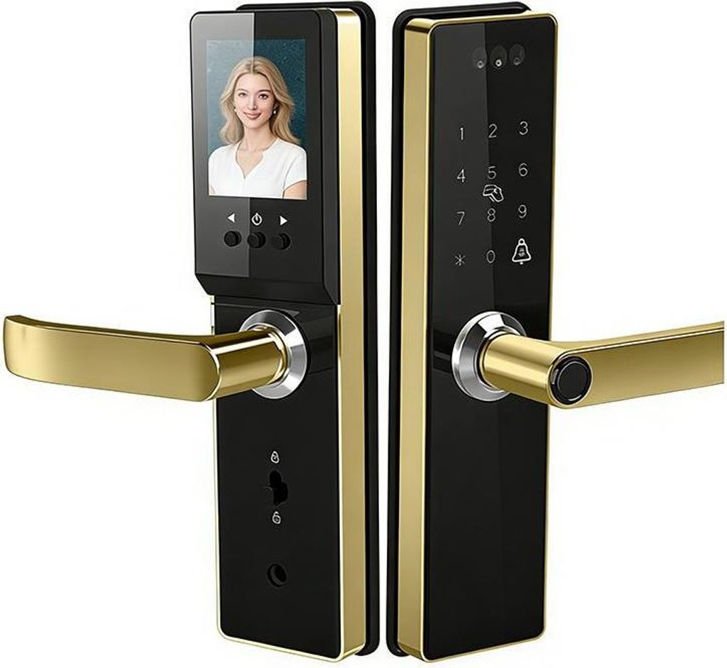ZELURXX 3D Gesichtserkennung Fingerabdruck Türschloss WiFi Smart Schloss mit Kamera, Passwort, NFC, App-Steuerung, Fernentriegelung, Gold