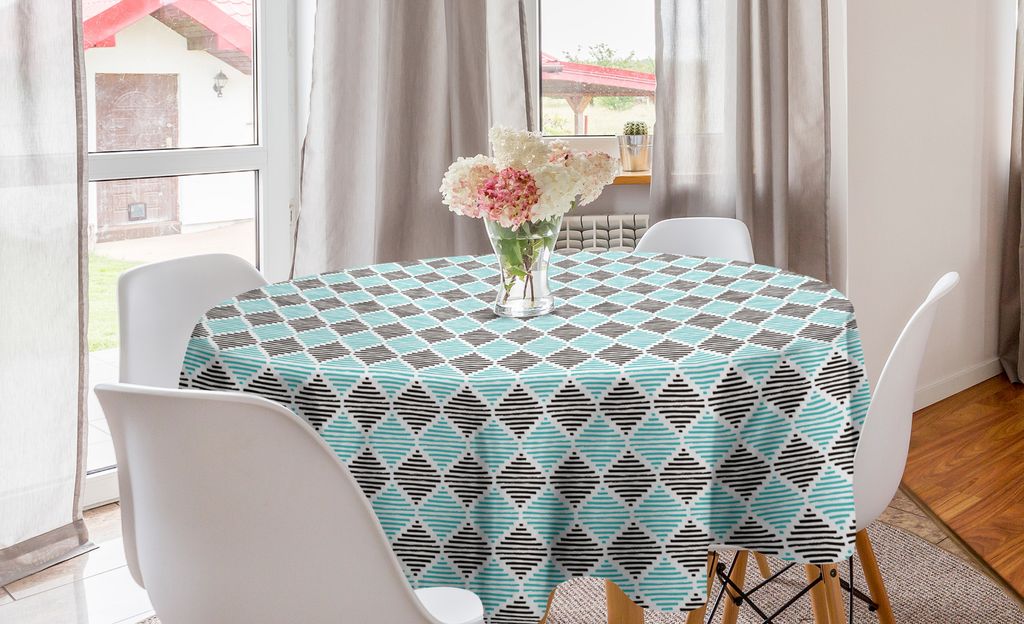 ABAKUHAUS Streifen Runde Tischdecke, Vintage-Linie Entwurf, Kreis Tischdecke Abdeckung für Esszimmer Küche Dekoration, 150 cm, Hellblau und Schwarz