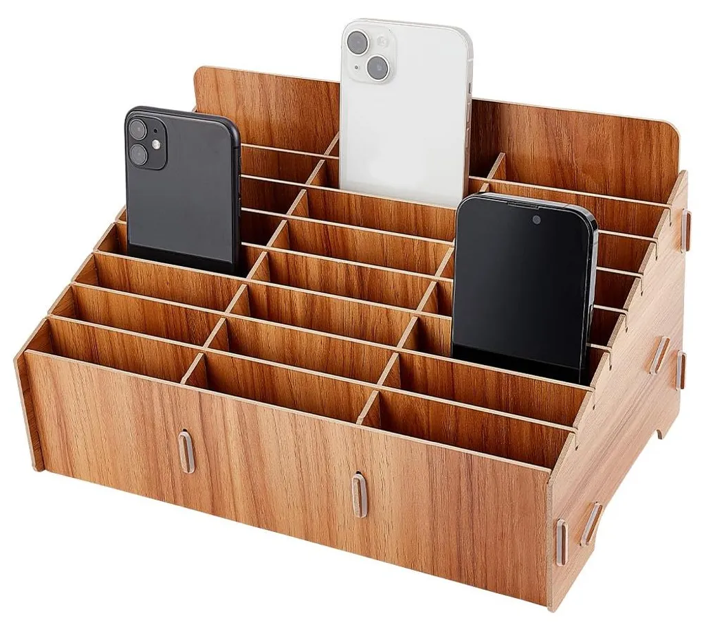 Organiseur de Bureau en Bois de Teck pour 24 Smartphones et Accessoires