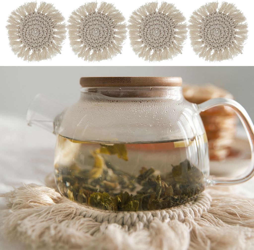 Makramee Untersetzer 4er Set creme Ø10cm Boho-Design Tischset Platzset rund Baumwolle Dekoset