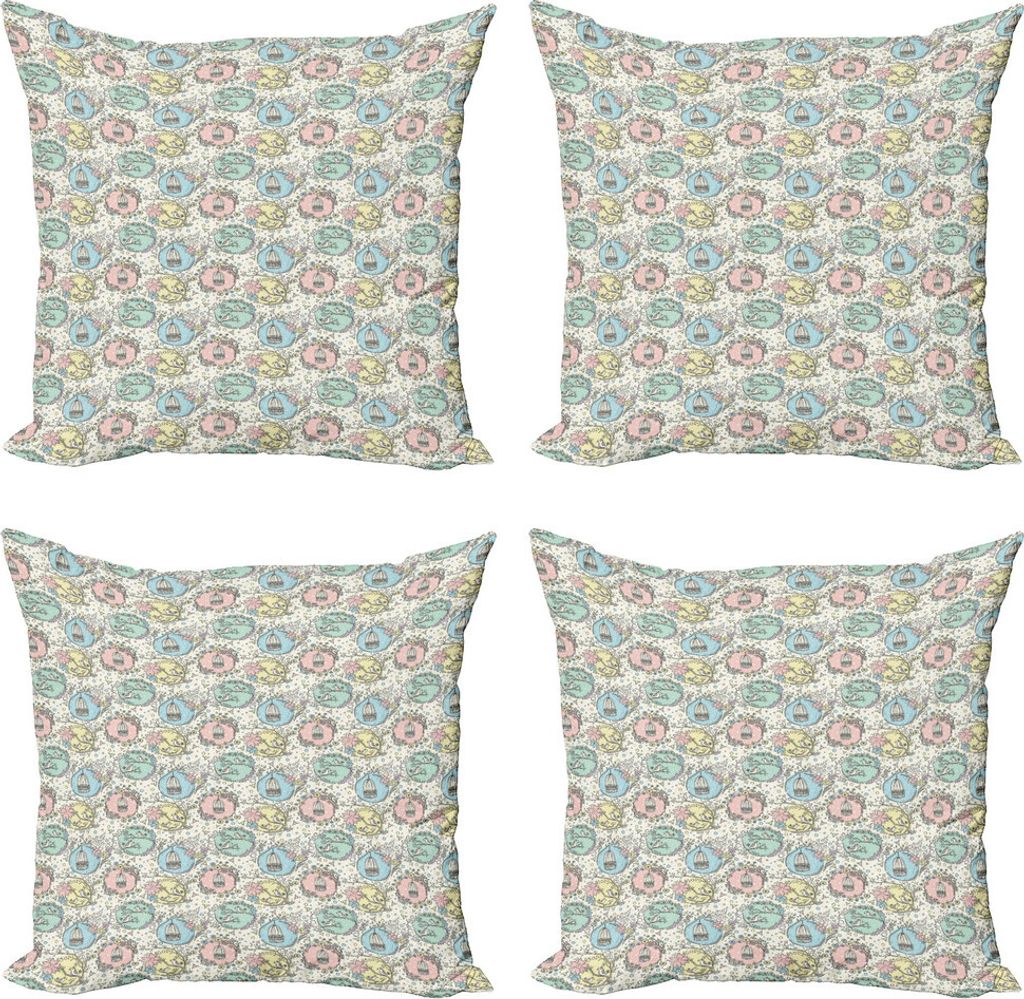 ABAKUHAUS Pastell Kissenbezug Set (4 Stück), Vogelkäfige Blühende Bäume, Moderner Doppelseitiger Digitaldruck, 60 cm x 60 cm, Mehrfarbig