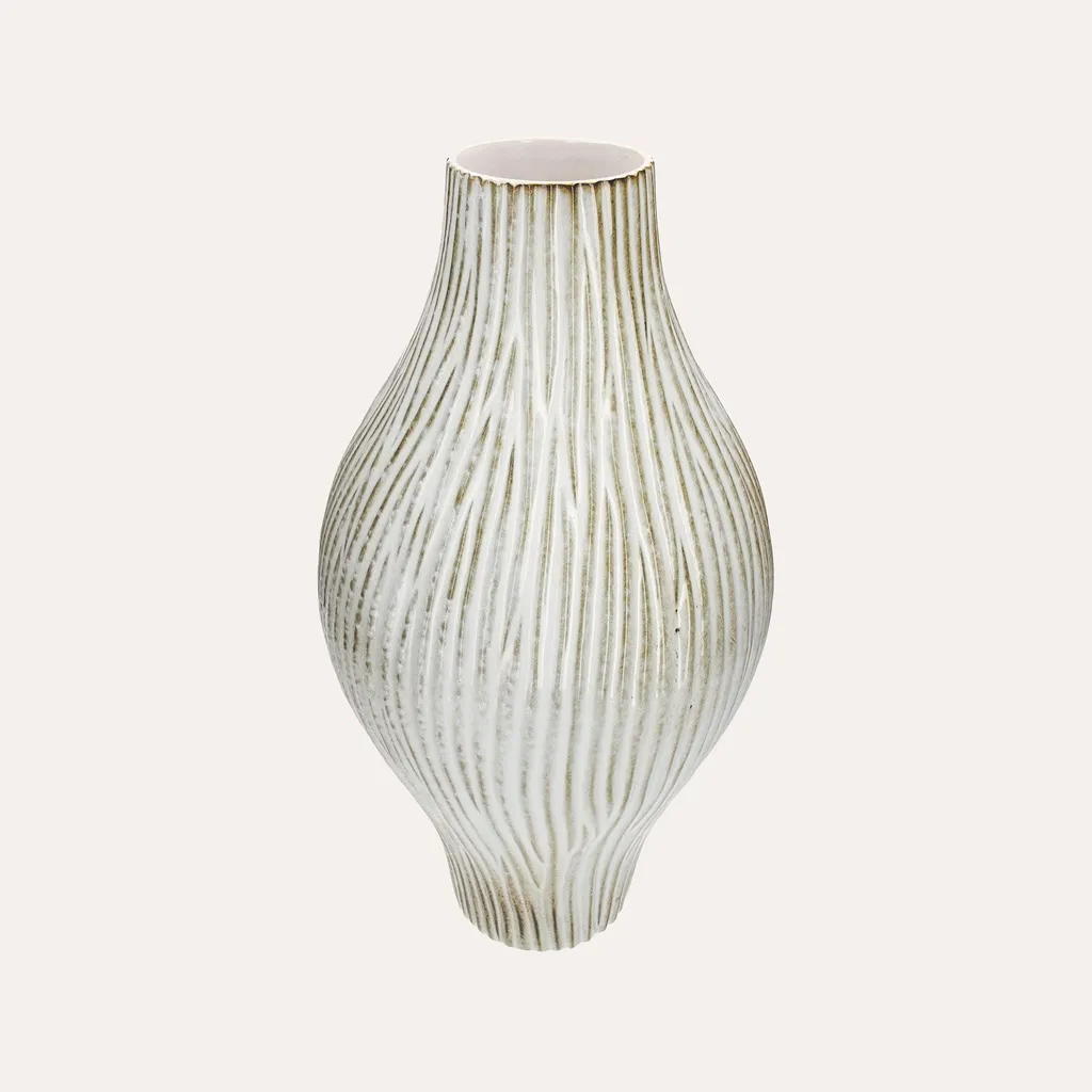 Vase en céramique bicolore ivoire et olive, grand contenant fleurs