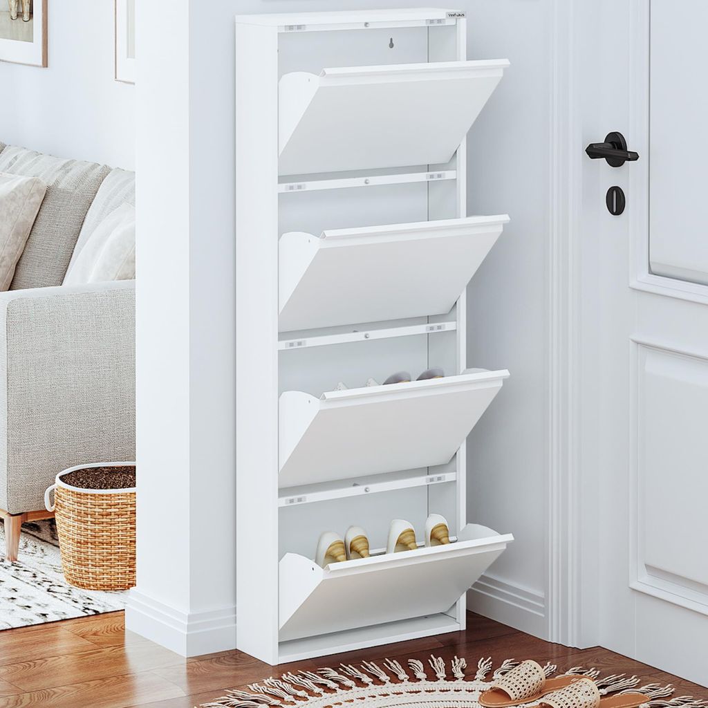 VEEHAUS Schuhregal Schmal Metall Schuhschrank Hoch Schuhkipper mit Magnetische Abdeckung Metall Montiert Schuhschrank Schmal und Wandmontage (Weiß...