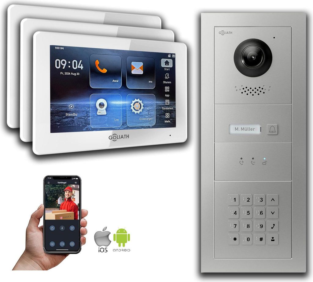 Goliath IP Video Türsprechanlage mit Kamera 7-Zoll Zahlencode Anzeige Silber : Aufputzdose : 7 Zoll in Weiß : 3 Monitore Anzahl: 3 Monitore Farbe...