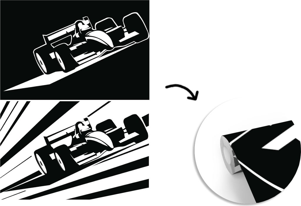 MuchoWow Fototapete für Wohnzimmer oder Schlafzimmer Wandtapete Vinyl Motivtapete Eine Illustration von zwei schwarz-weißen Autos aus der Forme...