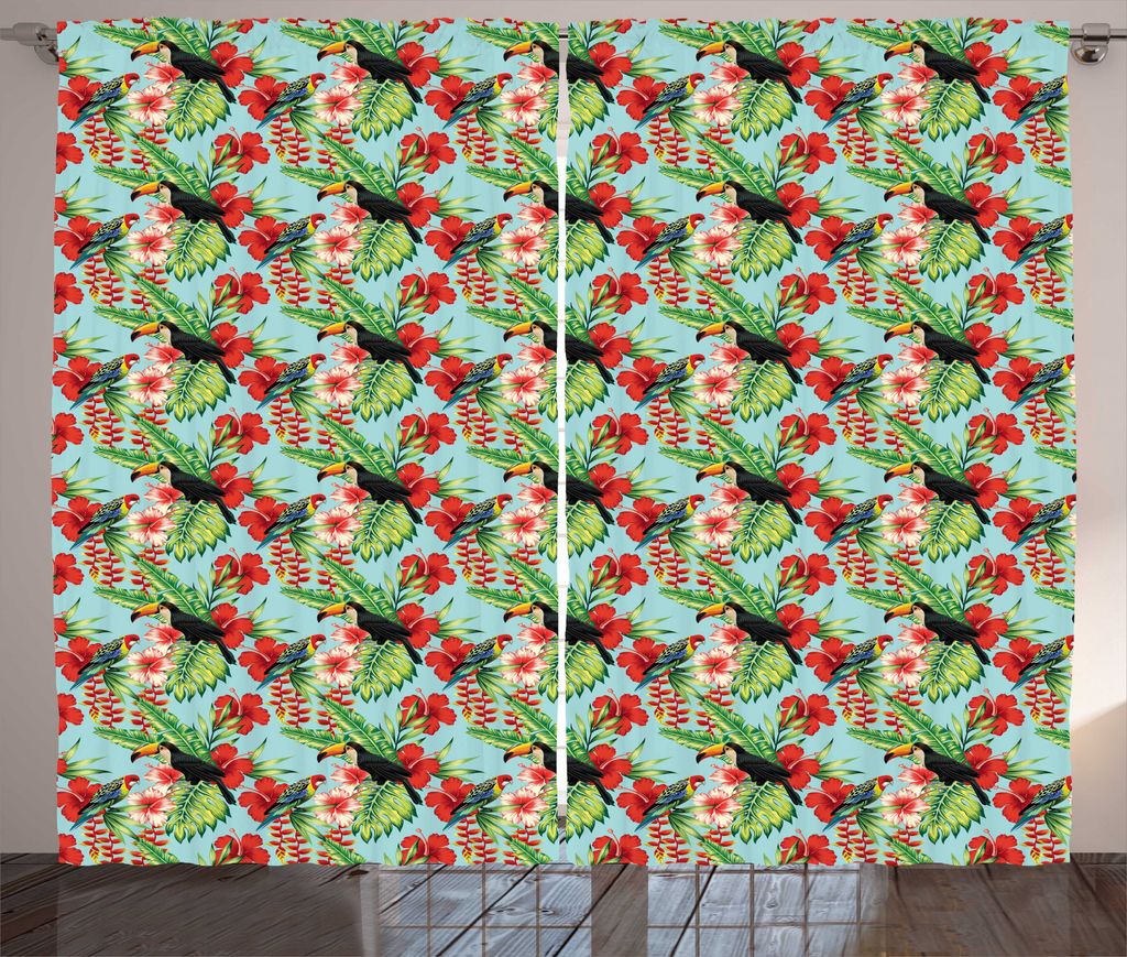 ABAKUHAUS Exotisch Rustikaler Gardine, Hibiscus Parrot und Toucan, Schlafzimmer Kräuselband Vorhang mit Schlaufen und Haken, 280 x 175 cm, Mehrfarbig