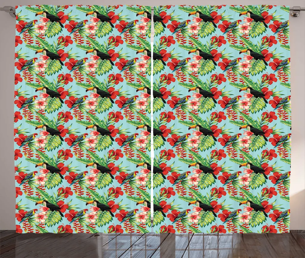 ABAKUHAUS Tenda esotica rustica, Hibiscus Parrot e Toucan, tenda con passanti e ganci per camera da letto, 280 x 175 cm, multicolore