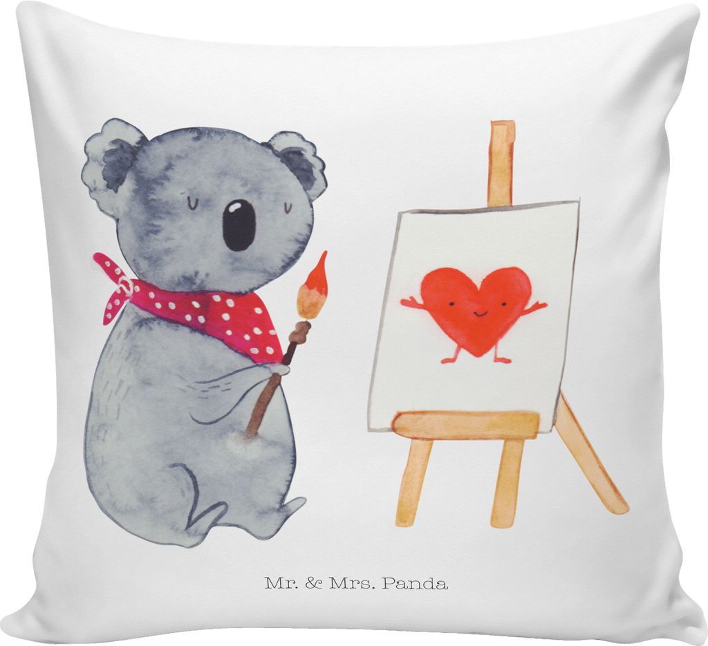 Mr. & Mrs. Panda Dekokissen Koala Künstler - Weiß - Geschenk, Liebesgeschenk, Kissen 40x40, Kuschelkissen, Liebe, Zeichnen, Deko, zier, Gefühle