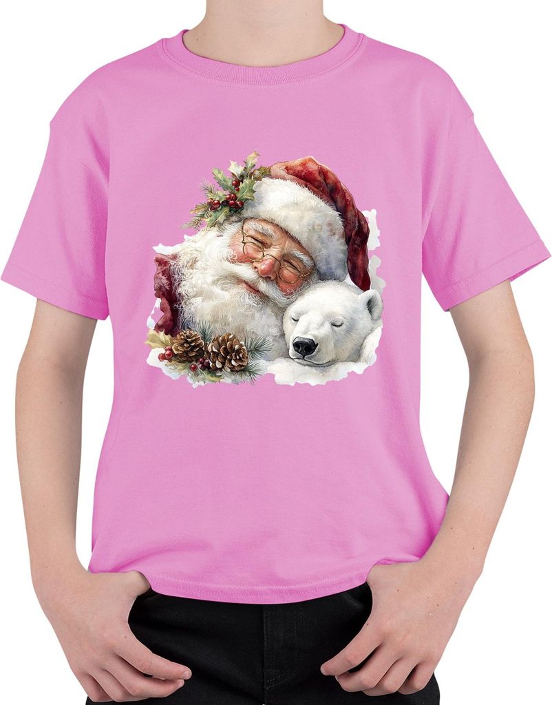Weihnachtsmann Eisbär Tannenzapfen Weihnachten Aquarell Vintage Uni Kinder T-Shirt, Pink, 104