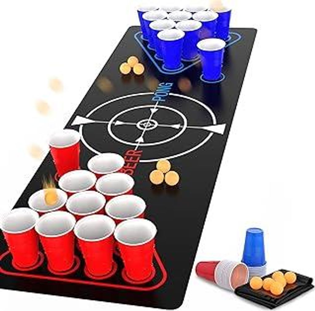 Beer Pong Tisch Matte Set 180x61cm mit 22 Bechern 6 Bälle, aus Kunststoff