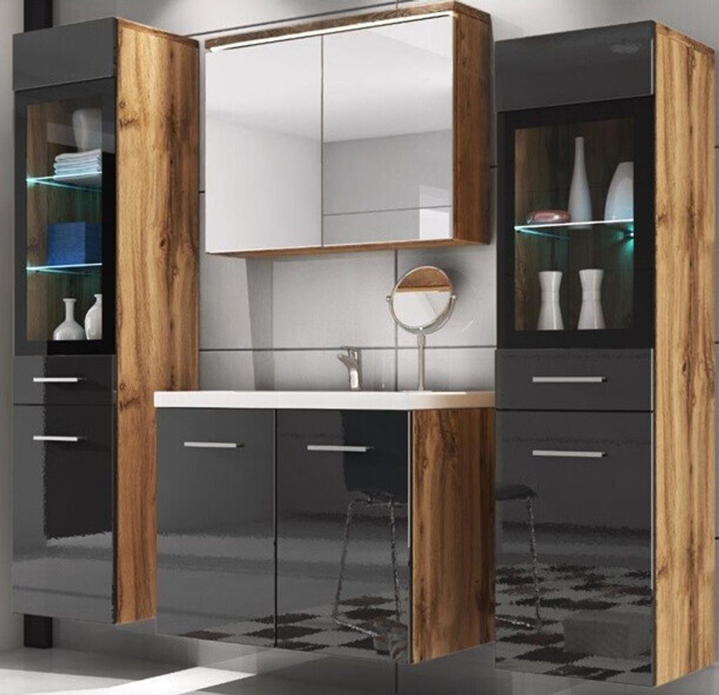 A modern bathroom vanity set with cabinets, a mirror, and a sink.