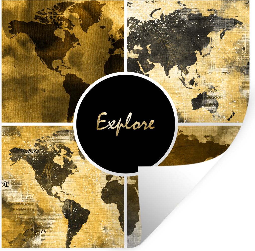 MuchoWow Wandtattoo Wandsticker Wandaufkleber Weltkarten - Collage - Gold 100x100 cm Selbstklebend und Repositionierbar - Wierderverwendbar - Sel...