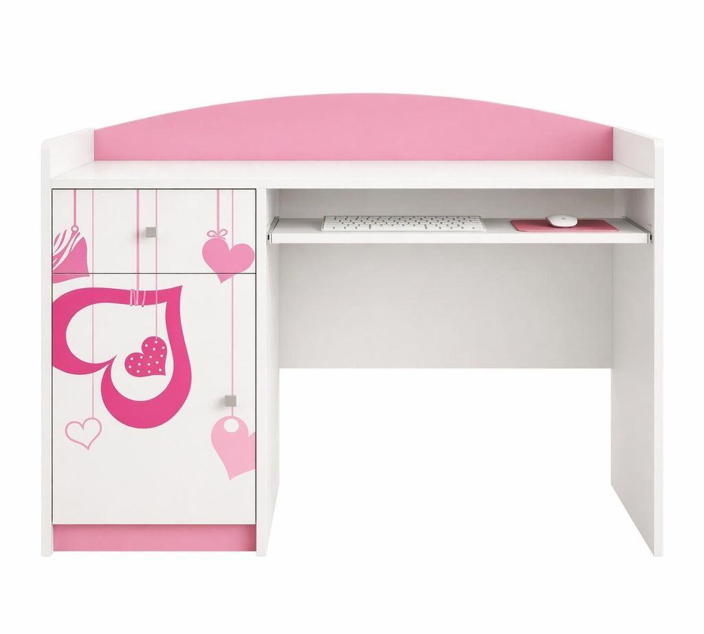 Kinderschreibtisch Rosa-Weiß | Mädchen Schreibtisch mit Tastaturablage & Stauraum | Eleganter Schülerschreibtisch für Kinderzimmer