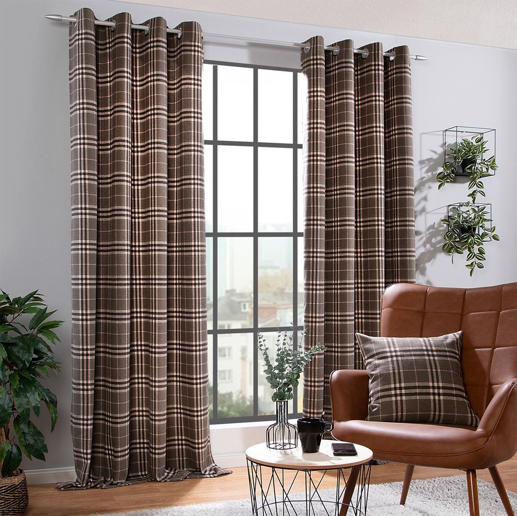 Heimtexland Ösenschal cosy Wolle Vorhang Tartan kariert blickdicht Schotten Karo Dekoschal Gardine 240x135 cm Typ899 khaki-rosa