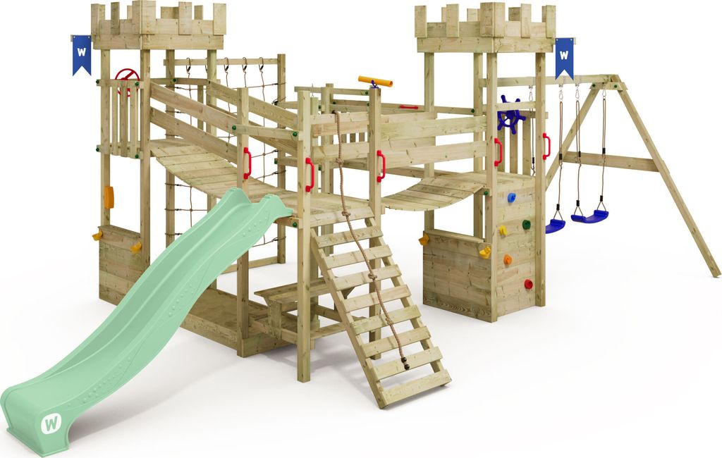 WICKEY Spielturm Smart Arch mit Kletternetz, Doppelschaukel, Wackelbrücke und Rutsche – pastellgrün