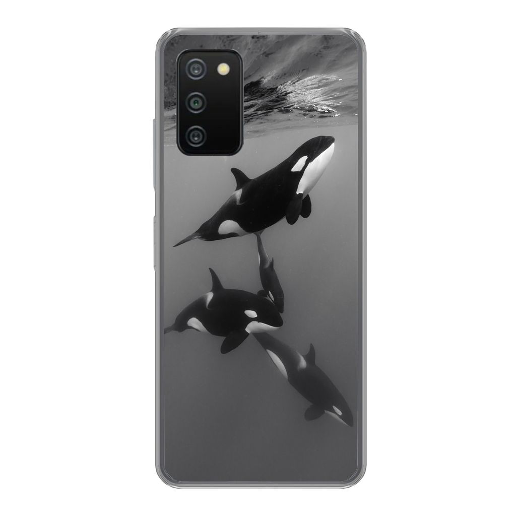 MuchoWow Handyhülle Schutzhülle Hülle für Samsung Galaxy A03s Orca - Wasser - Schwarz - Weiß Silikon Softcase Handy Hülle - Schutz
