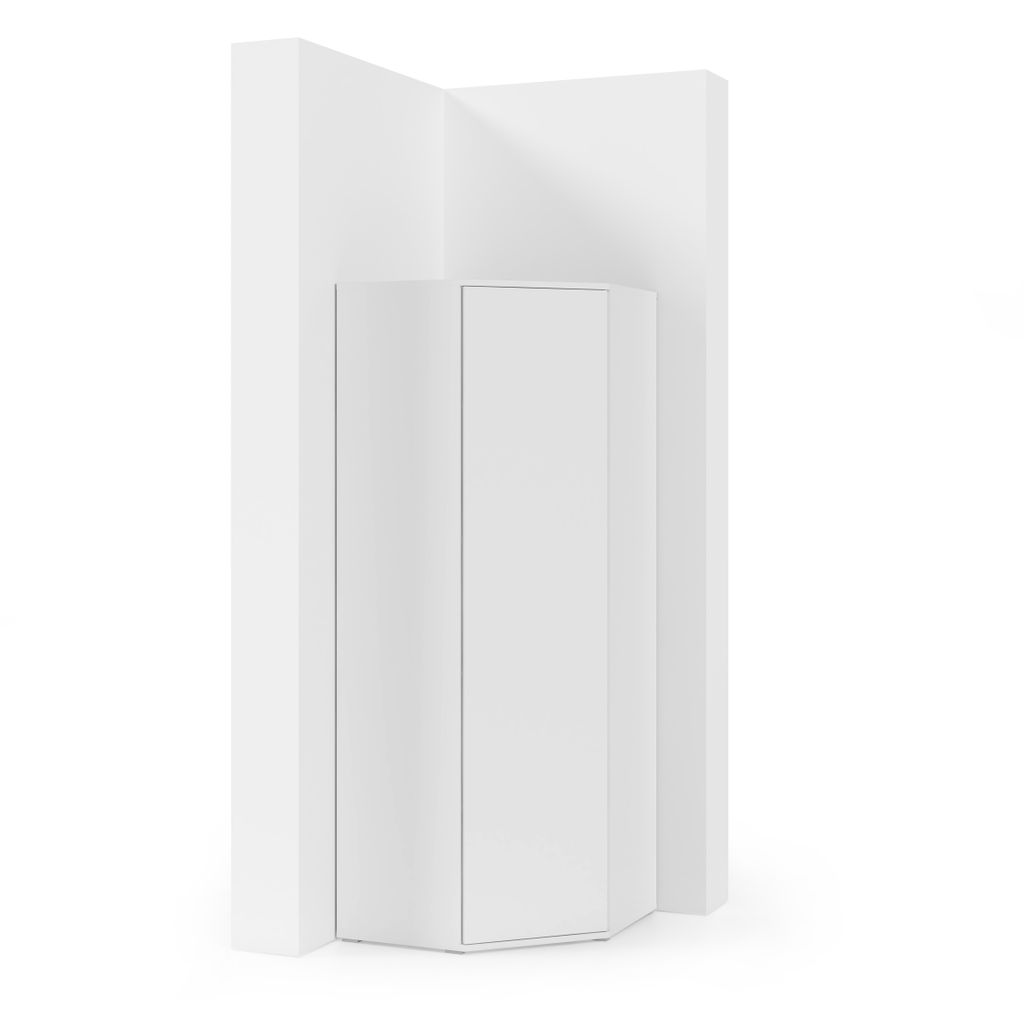 A white corner cabinet is shown against a white background.