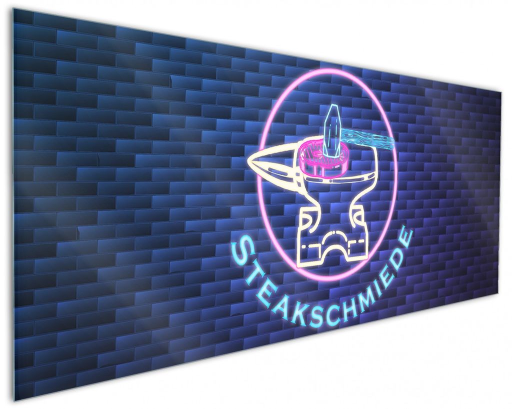 Wallario Küchenrückwand aus Glas, Größe: 125 x 50 cm, Motiv: Steakschmiede | Spritzschutz | abwischbar | pflegeleicht | in