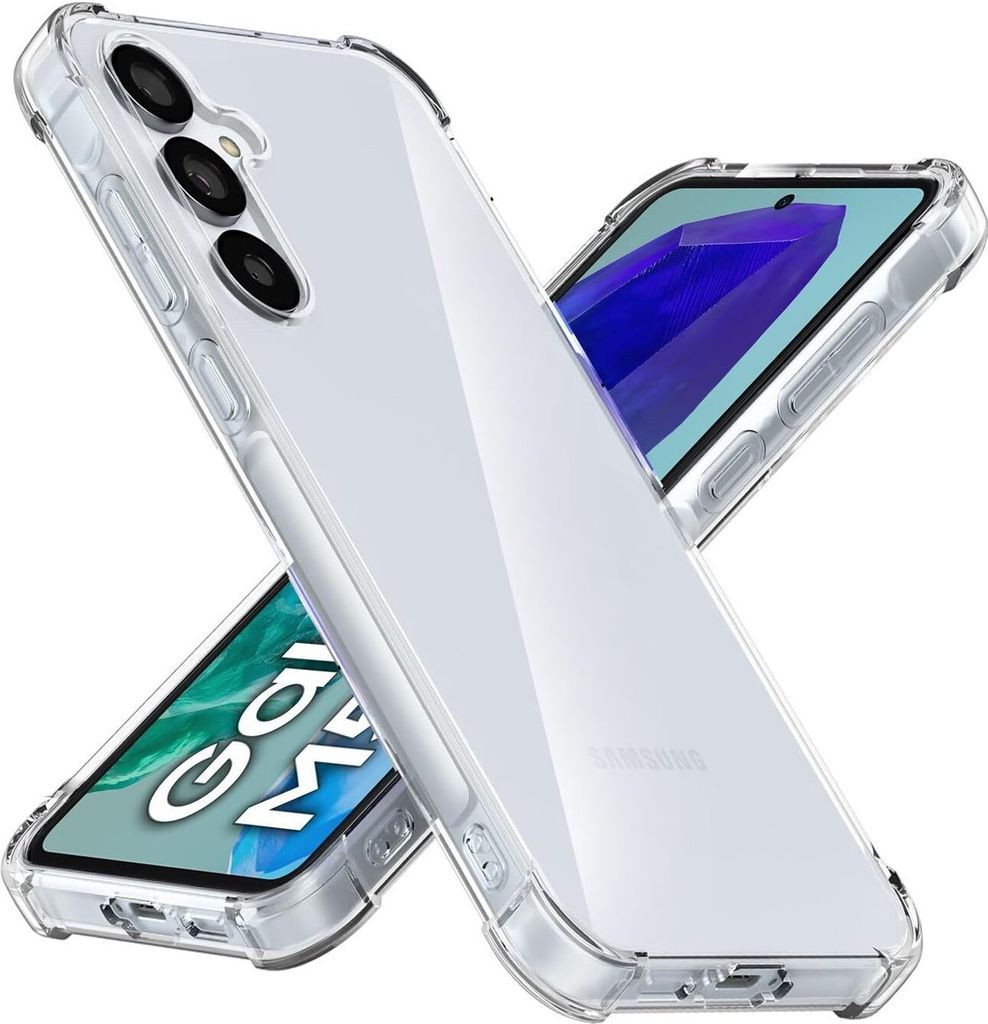 A clear protective phone case is shown, with two phones partially visible underneath.