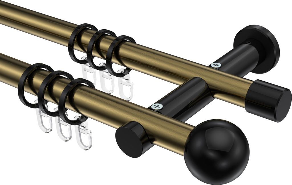 Interdeco Gardinenstange / Vorhangstange Messing Antik / Schwarz, Typ Platon Luino (Kugel), 20 mm Ø 2-läufig, 480 cm