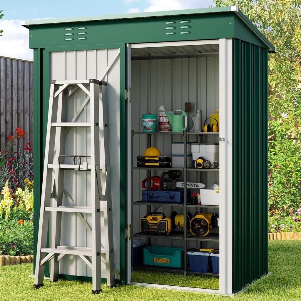 BEALIFE Metall Gartenhaus | Wetterfester Geräteschuppen 160x95x180 cm für Gartenwerkzeug & Outdoor-Zubehör | Farbe: grau/grün/braun | CC21