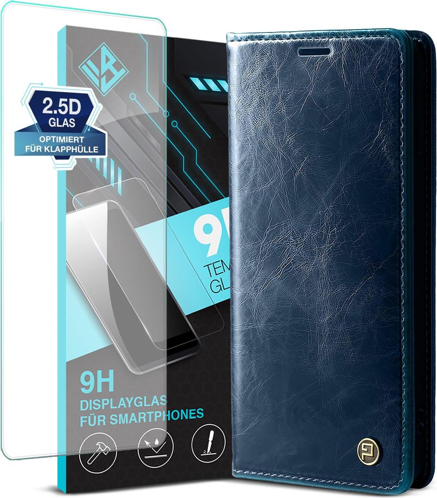 Handyhülle für Samsung Galaxy A17 / A17 5G mit 9H Displayglas Kunstleder Flip Vintage Cover Hülle RFID Schutz Case Kartenfach Farbe: Blau