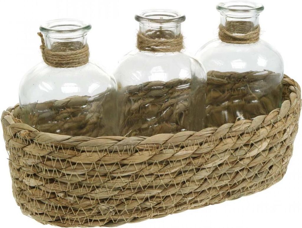 Deko Korb 3 Flaschen Glasvasen Seegras Natur Tischdeko 22×11,5×14cm