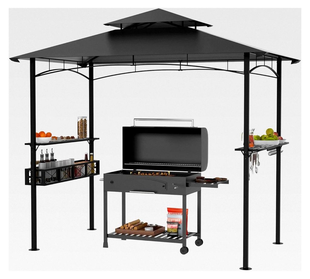 Grillpavillon 244x138x250 cm mit Bartresen und Doppelschichtdach, Gartenpavillon in Grau
