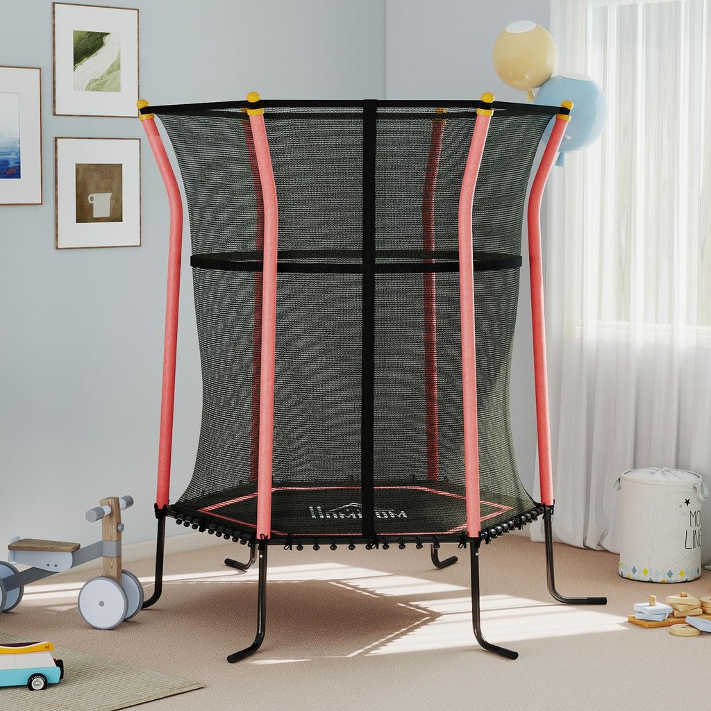Trampolin für Kinder, Ø163,5 cm, mit Sicherheitsnetz, gepolstert, Stahl, belastbar bis 50 kg, Schwarz & Rot, 164x164x190 cm, Kunststoff