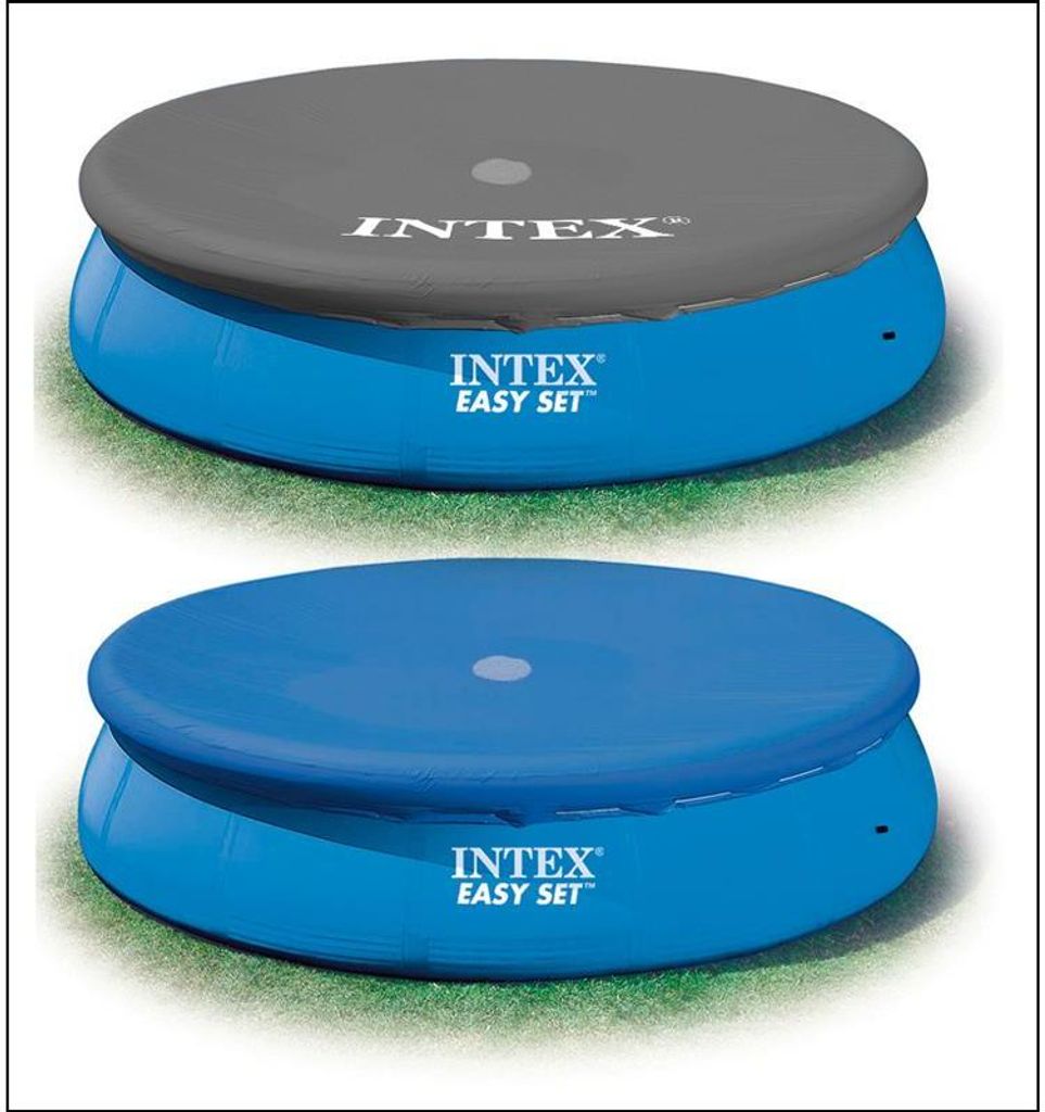 Two inflatable pools, one with a gray cover and one with a blue cover, shown on a grassy surface.